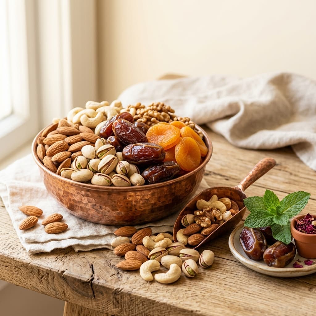 Premium dry fruits, nuts and dates in a hammered copper bowl